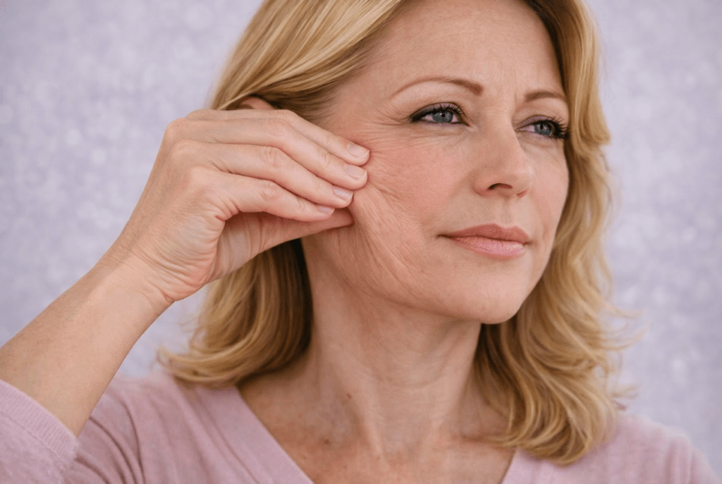 dermal fillers depiction with woman holding her skin