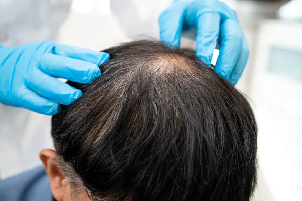 man having his hair examined before doing prf treatment